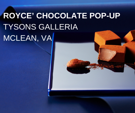 Promotional graphic for Royce' Chocolate Pop-Up featuring cocoa-dusted Namas and a single almond on a blue tray, with event details in white text.