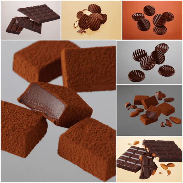 Collage of dark-chocolate confections: solid bars with nuts, cocoa-dusted truffle squares, striped bonbons, assorted chocolate pieces, and scattered cocoa nibs.