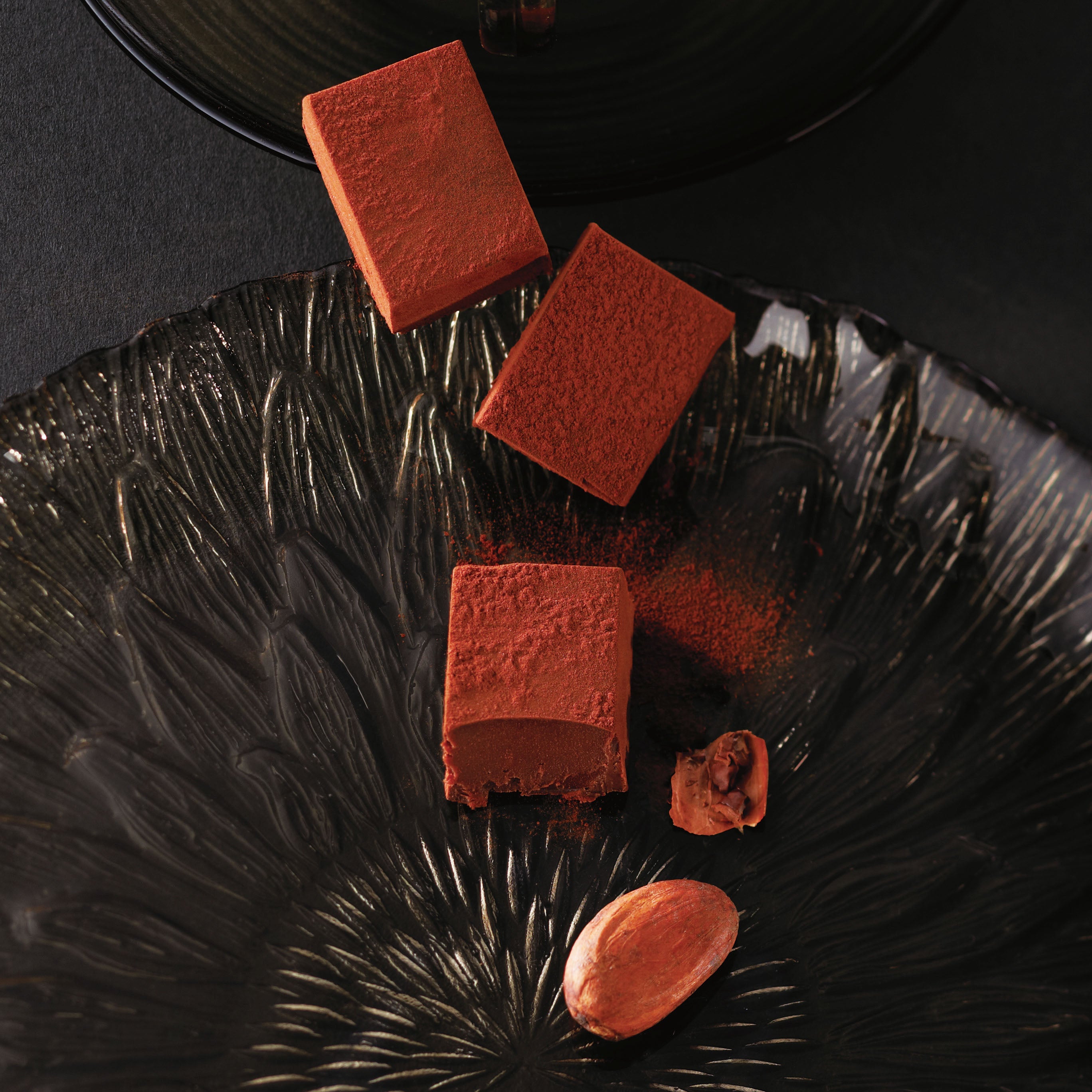 Rectangular chocolate Nama blocks dusted in cocoa powder on dark plates, accompanied by a single cocoa bean at the frame's bottom.