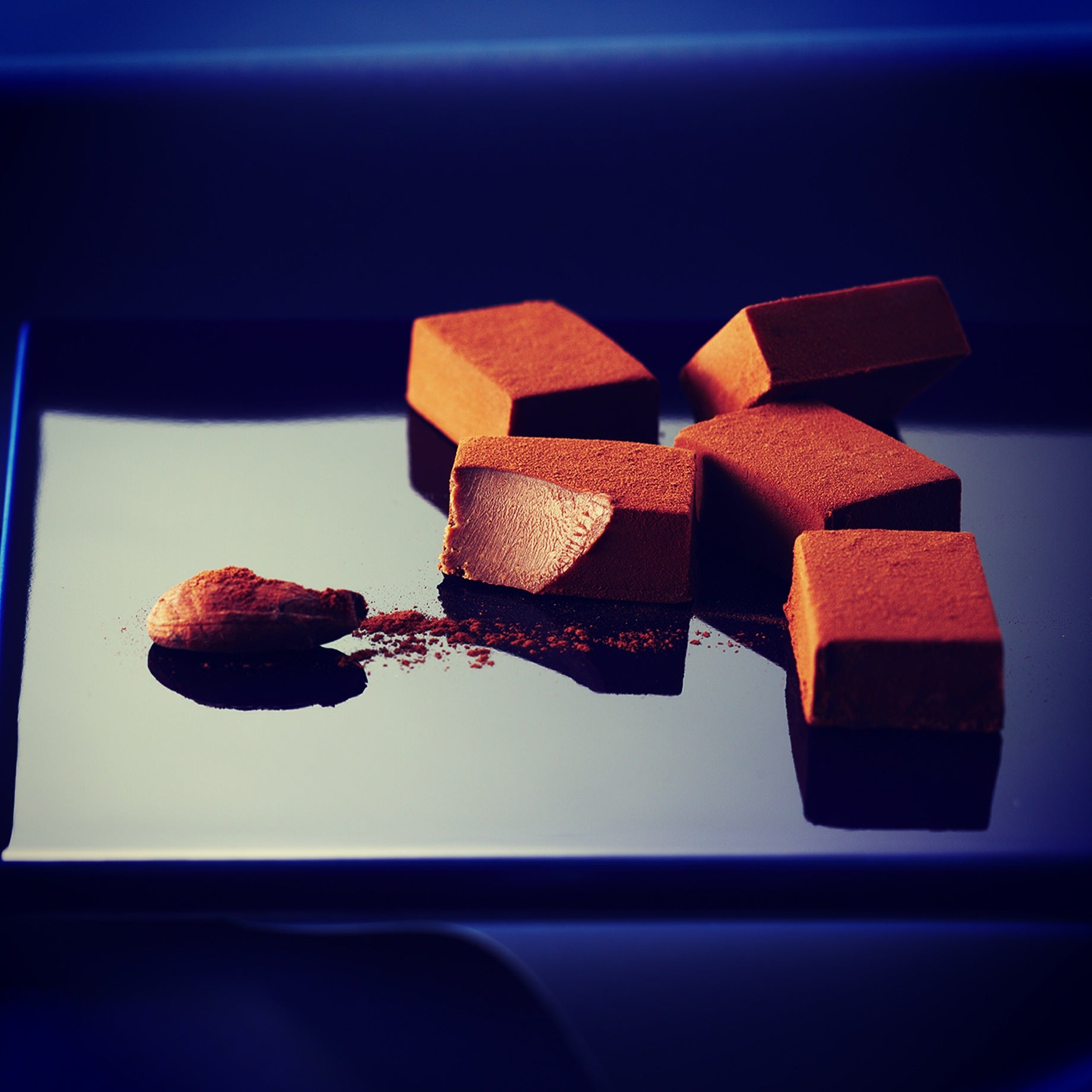 Rectangular chocolate-Nama blocks on a dark plate, dusted with cocoa powder, revealing a smooth interior where one has been tasted.