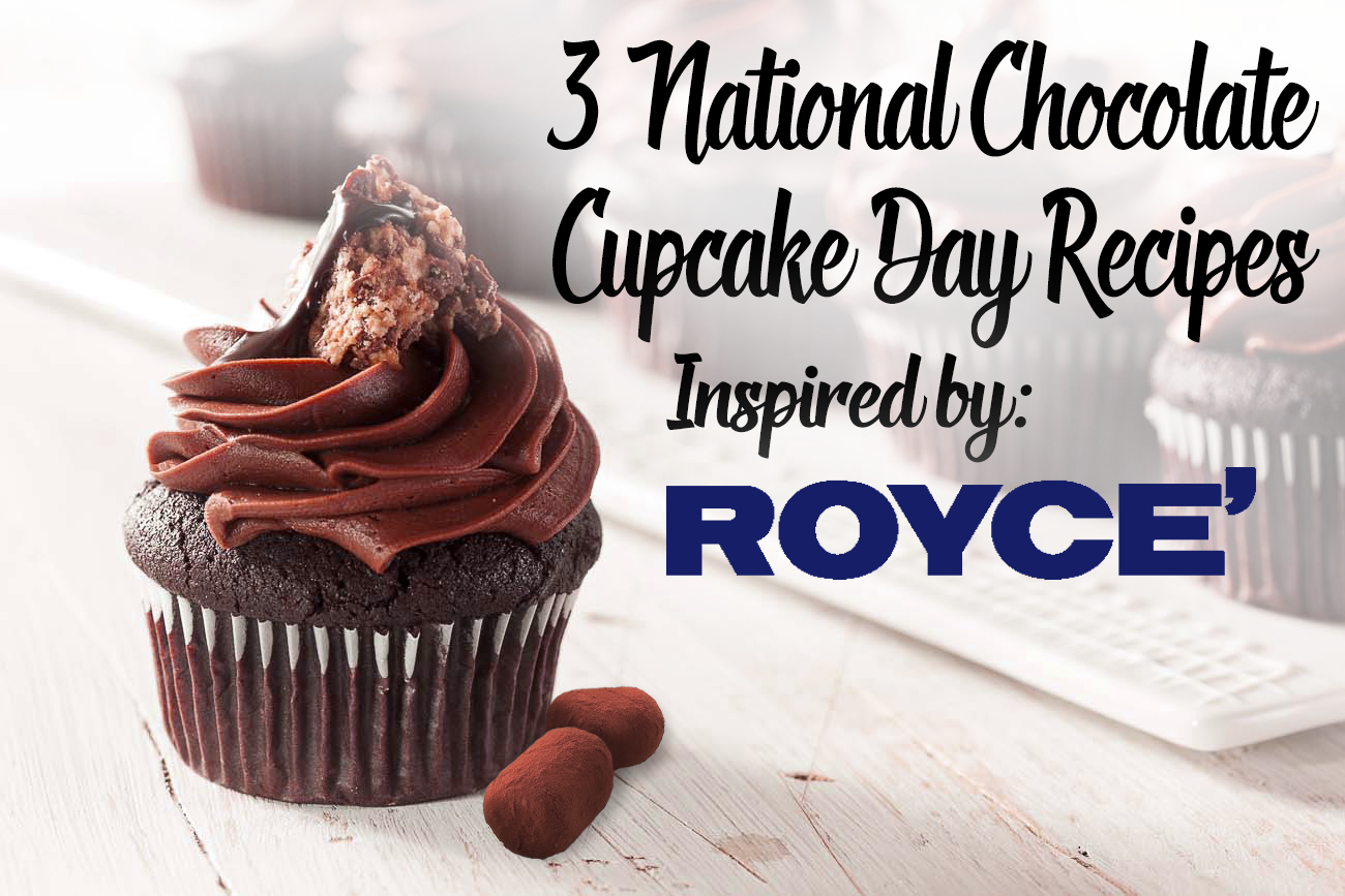 Chocolate cupcake with glossy buttercream frosting and crumbled chocolate, flanked by truffles. Text: “3 National Chocolate Cupcake Day Recipes Inspired by: ROYCE’”.