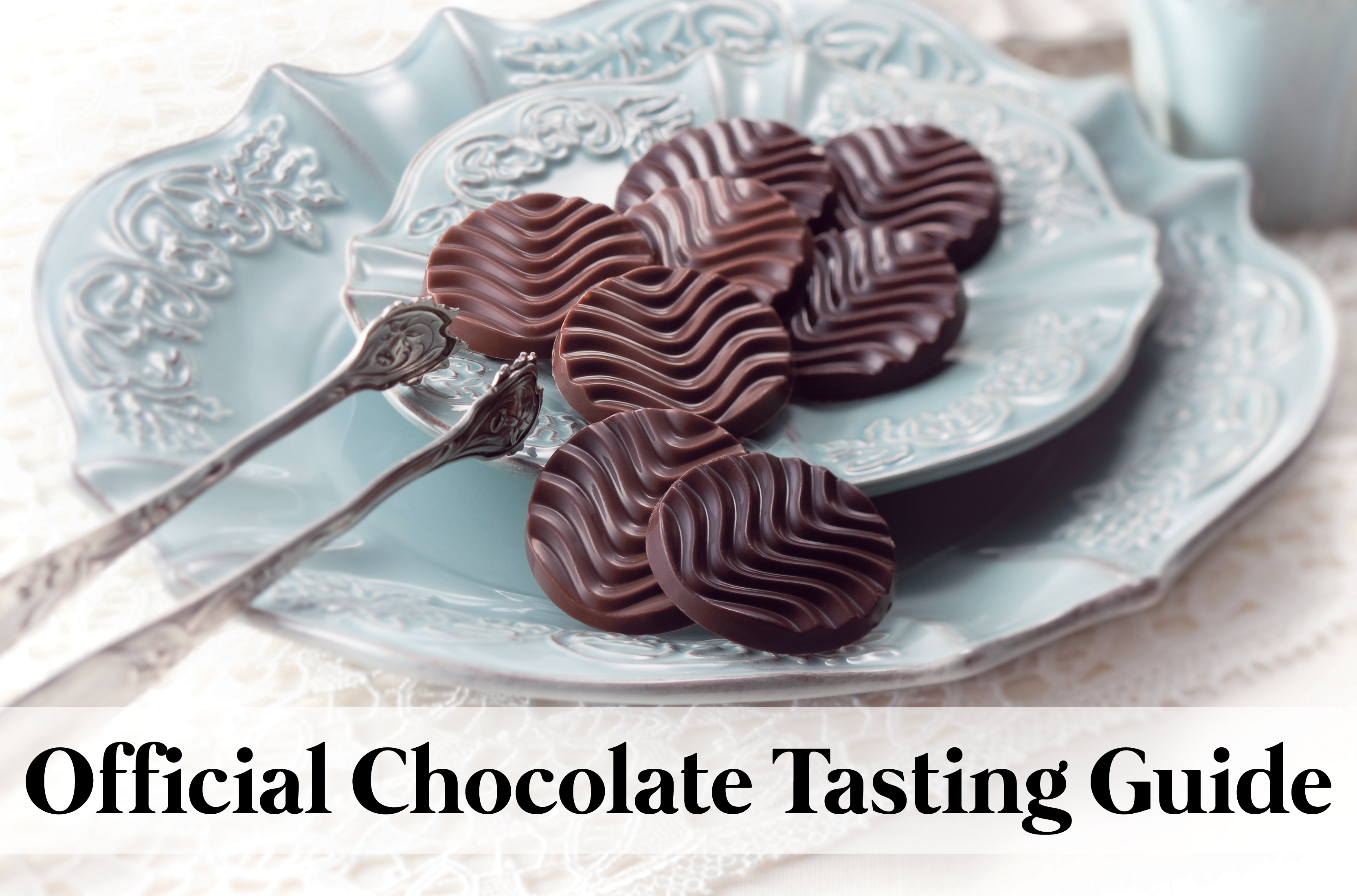 Stack of round, rippled-top chocolate discs on a pale blue serving plate with two silver tasting spoons; partial view of Official Chocolate Tasting Guide.