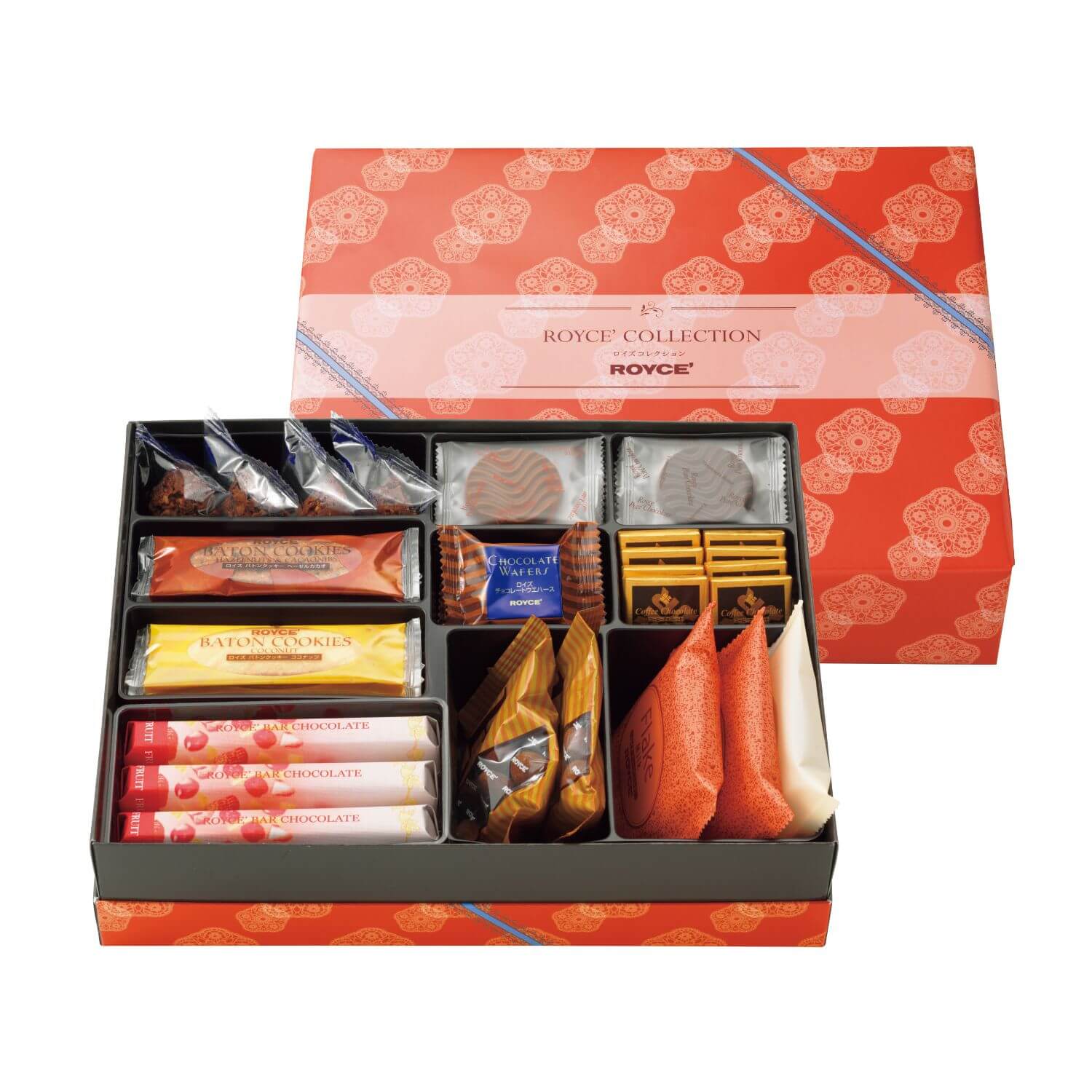 Pink box on upper right prints of lace-like imagery and blue ribbons. Box on lower left has chocolates. Text in the middle says ROYCE' Collection ROYCE'. Box in lower right shows an open box with individually-wrapped chocolates in various shapes and colors. Background of image is in white.