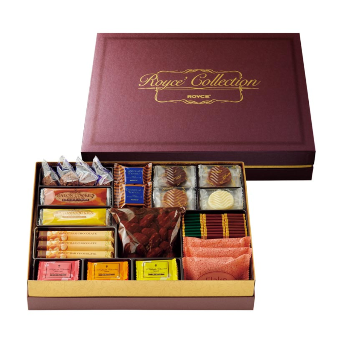 ROYCE' Chocolate - ROYCE' Chocolate "Brown" - ROYCE' Collection "Brown" - Image shows two brown boxes. Box on lower left shows chocolates in different shapes and colors.