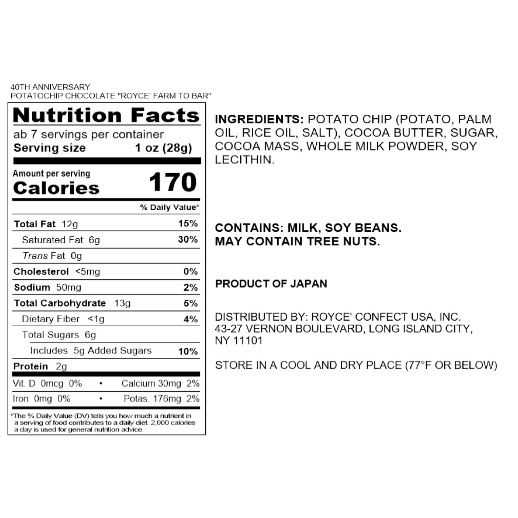 ROYCE' Chocolate - 40th Anniversary Potatochip Chocolate "ROYCE' Farm To Bar" - Nutrition Facts 2023