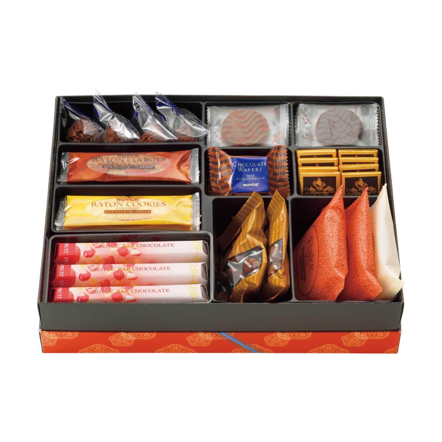 ROYCE' Chocolate - ROYCE' Collection "Bright Red" - Image shows open box with individually-wrapped chocolates in various shapes and colors. Background is in white.