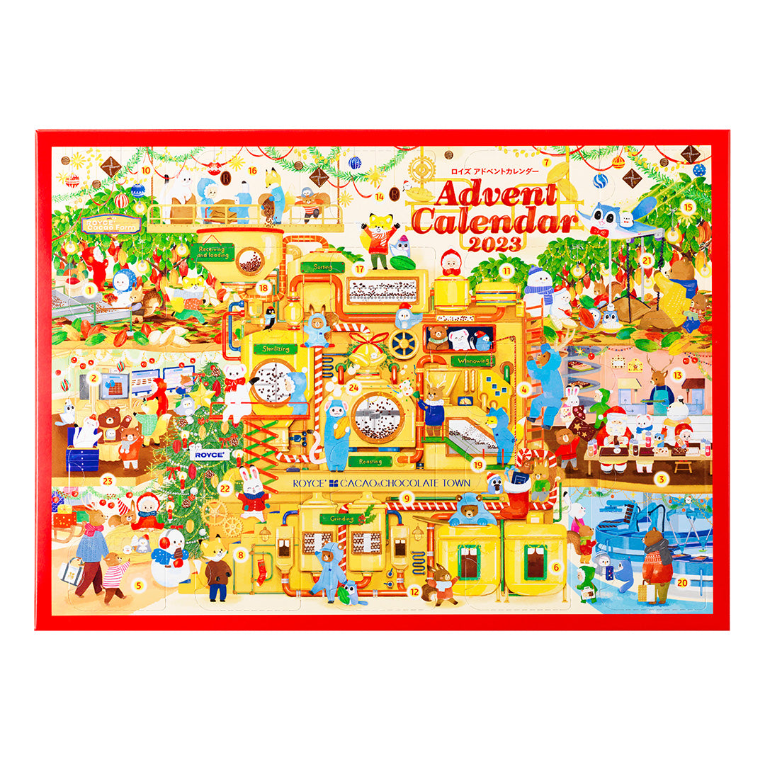Image shows a printed box with illustrations of animals and buildings. Text says Advent Calendar 2023. Background is in white.