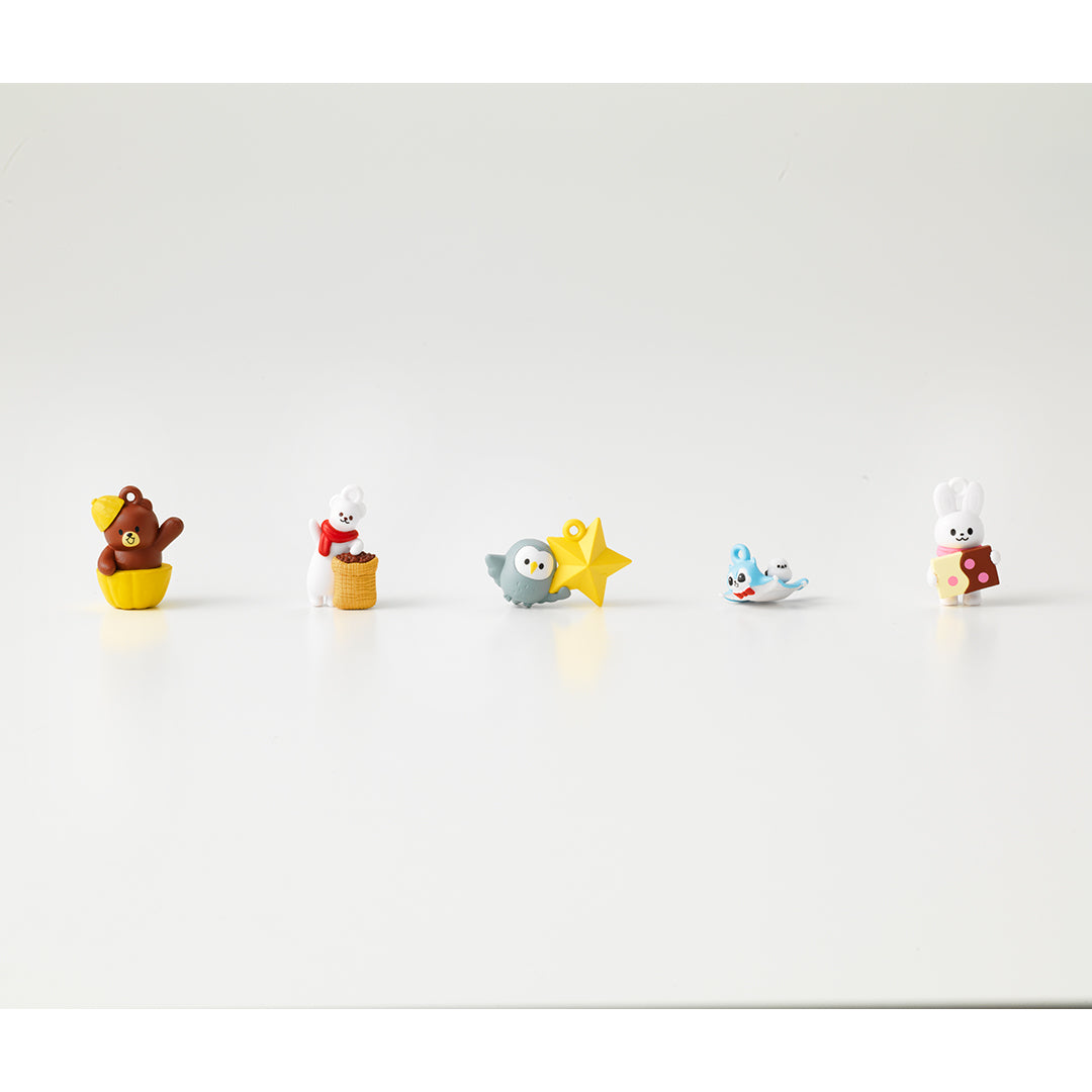 Image shows (from left) a toy bear, a toy polar bear, a toy owl, a toy bird, and a toy rabbit.
