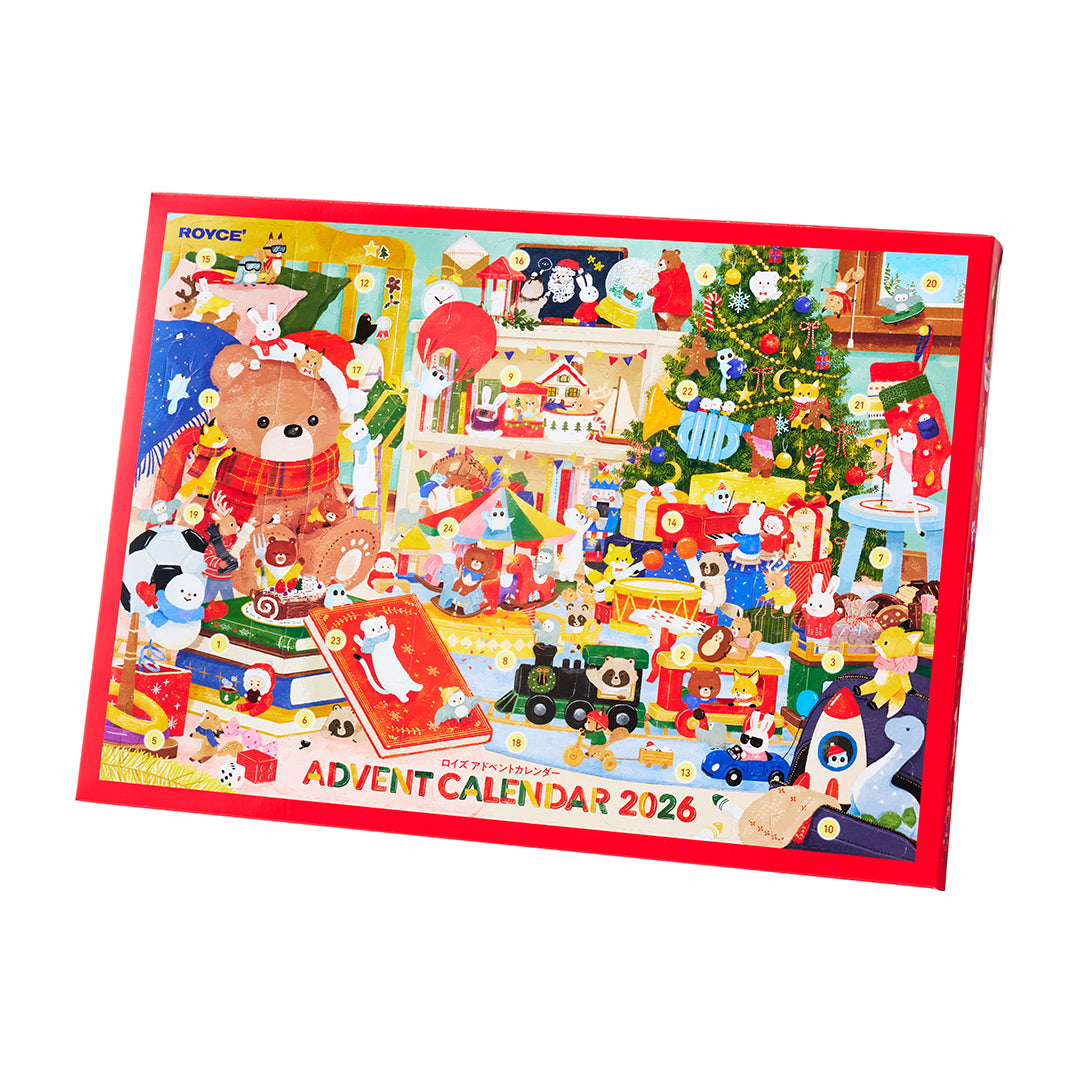 A colorful Advent Calendar by ROYCE', featuring a teddy bear, Christmas tree, toys, and festive decorations on a white background.