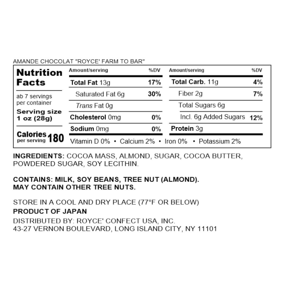 ROYCE' Chocolate - Amande Chocolat "ROYCE' Farm to Bar" - Nutrition Facts