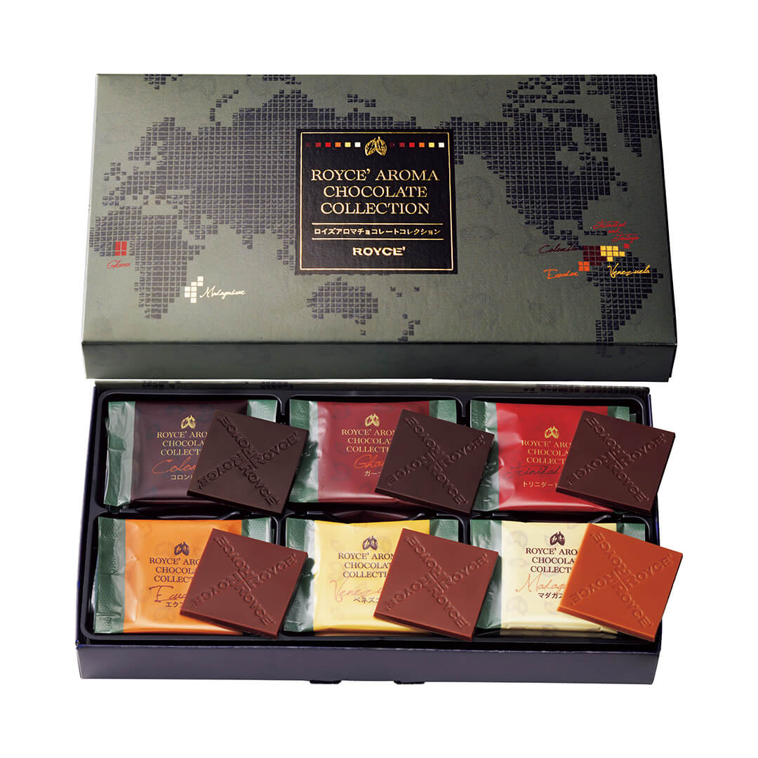 ROYCE' Chocolate - ROYCE' Aroma Chocolate Collection - Image shows (on top middle) a Royce' Aroma Chocolate Collection box with world map design and (on bottom middle) an open box with individually-wrapped chocolate squares in different colors.