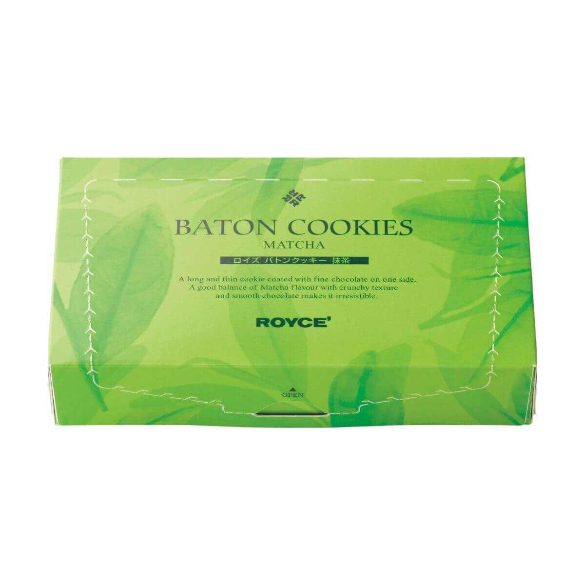 ROYCE' Chocolate - Baton Cookies "Matcha (25 Pcs)" - Image shows a green printed box. Text says Baton Cookies Matcha. A long and thin cookie coated with fine chocolate on one side. A good balance of Matcha flavor with crunchy texture and smooth chocolate makes it irresistible. ROYCE'.