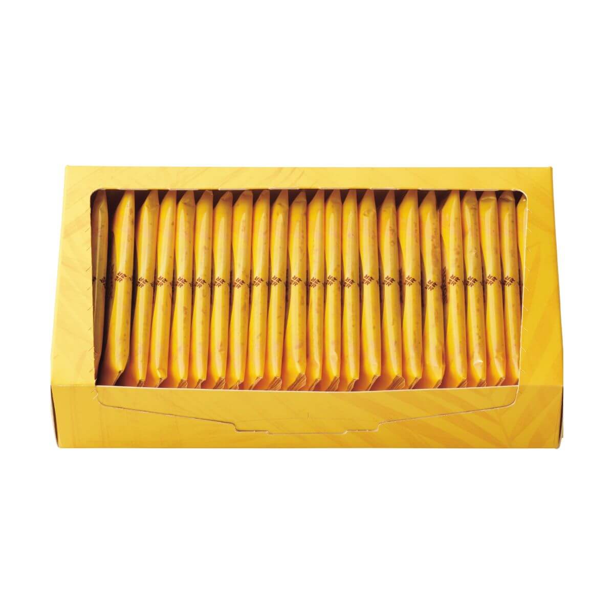 ROYCE' Chocolate - Baton Cookies "Coconut" - Image shows yellow box filled with individually-wrapped cookies with yellow wrapper.
