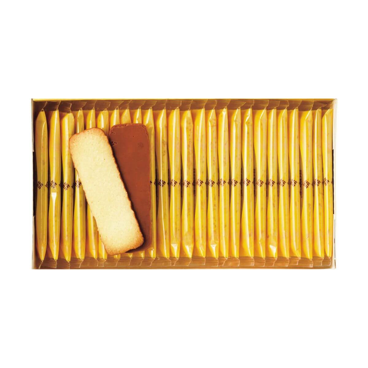 ROYCE' Chocolate - Baton Cookies "Coconut" - Image shows yellow box filled with individually-wrapped cookies with yellow wrapper.