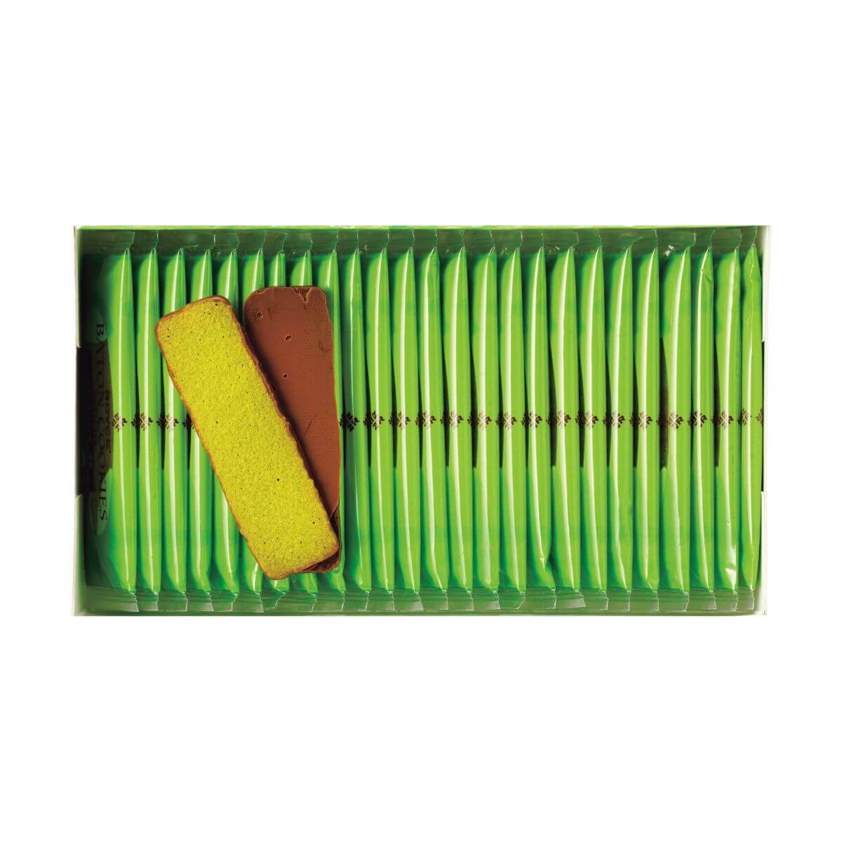 ROYCE' Chocolate - Baton Cookies "Matcha (25 Pcs)" - Image shows a green printed box with individually-wrapped cookies inside in green wrapper. Also in photo are green cookies coated with brown chocolate.