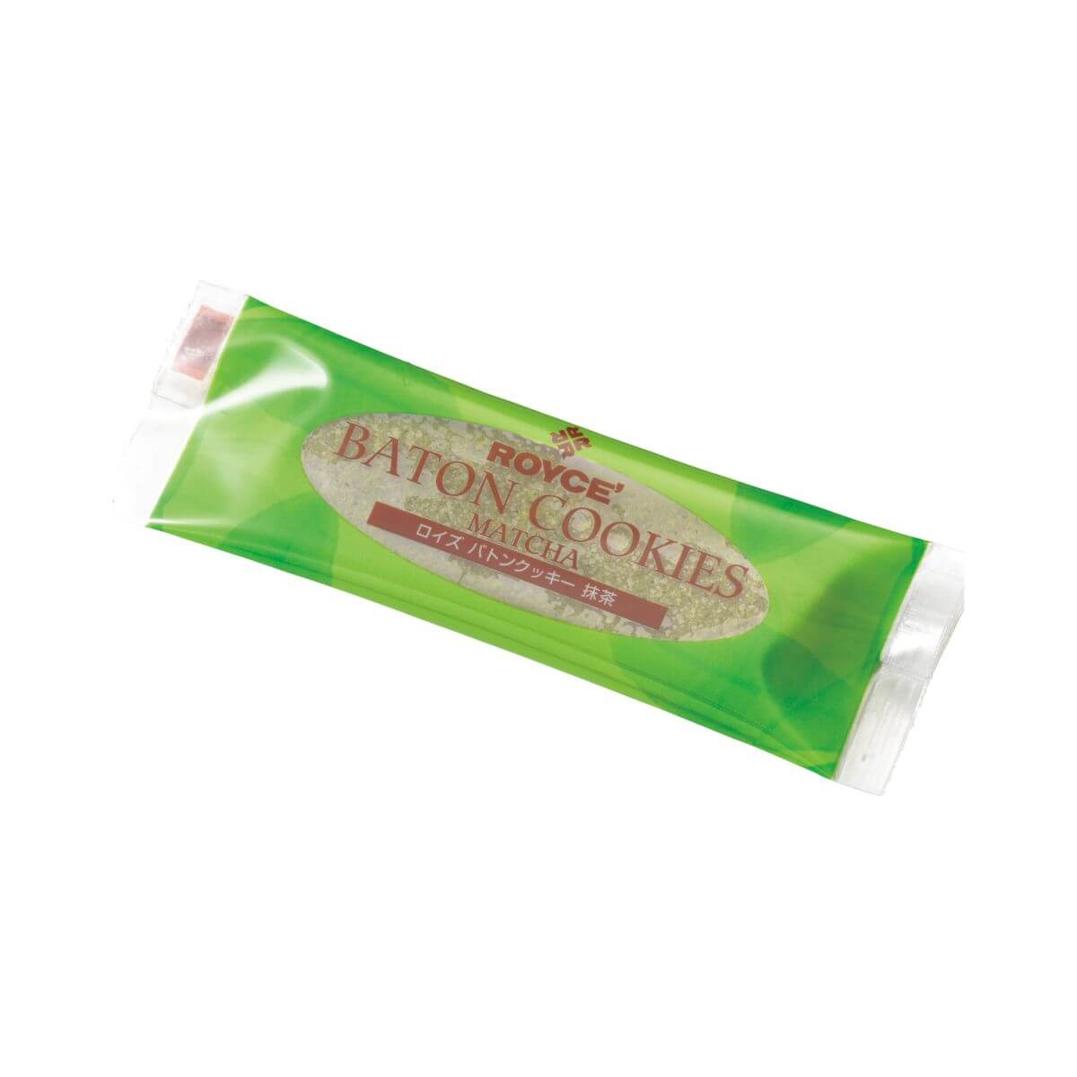 ROYCE' Chocolate - Baton Cookies "Matcha (25 Pcs)" - Image shows a cookie wrapped with plastic in the colors of green and brown. Text says ROYCE' Baton Cookies Matcha.