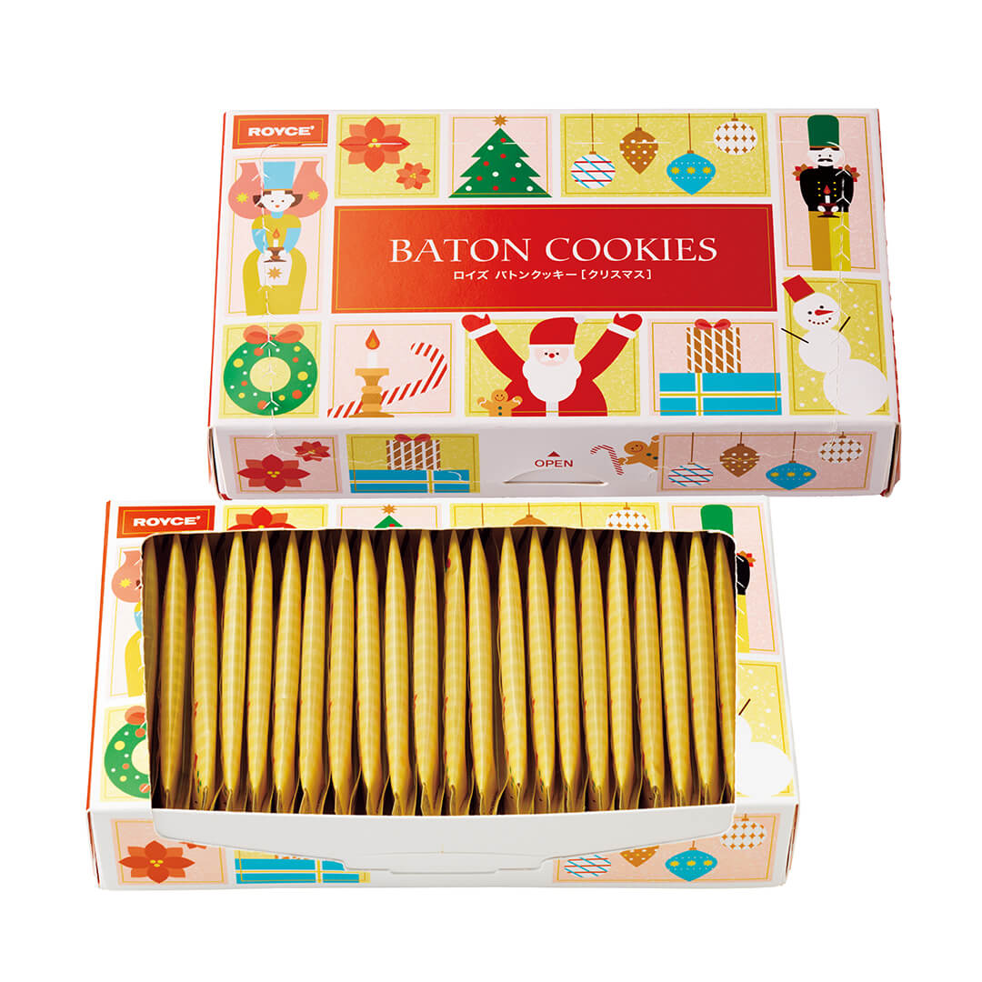 ROYCE' Chocolate - Baton Cookies "Christmas" - Image shows on middle top a printed box with various holiday illustrations. Text says ROYCE' Baton Cookies. Also seen is an open box on the middle bottom with individually-wrapped cookies inside. Background is in white.