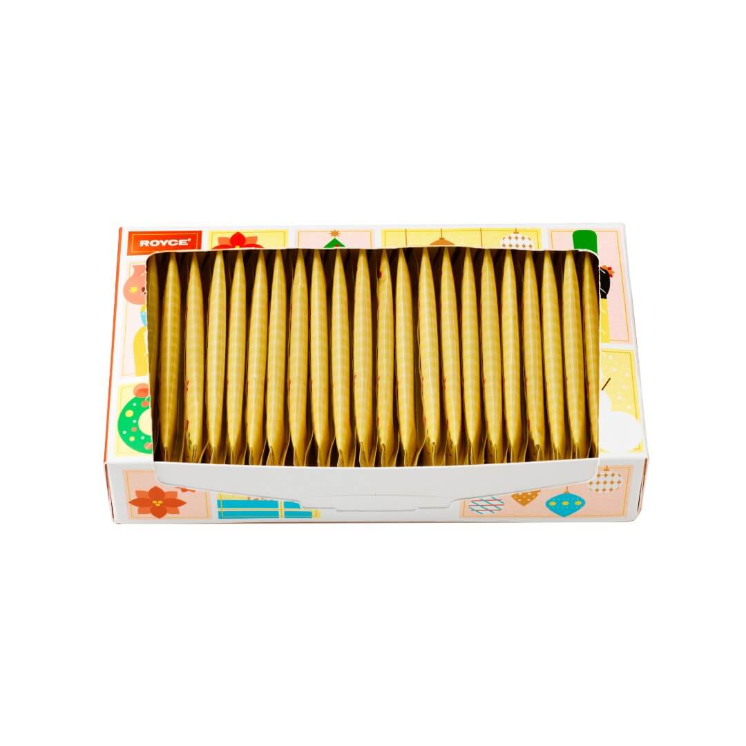 ROYCE' Chocolate - Baton Cookies "Christmas" - Image shows an open box with individually-wrapped cookies inside. Background is in white.