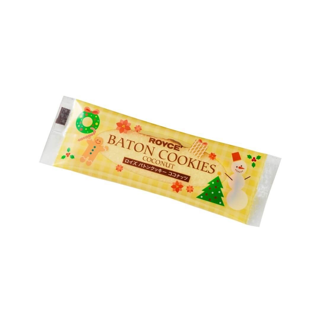 ROYCE' Chocolate - Baton Cookies "Christmas" - Image shows a baton-shaped cookie wrapped with festive packaging with illustrations. Text says ROYCE' Baton Cookies Coconut.