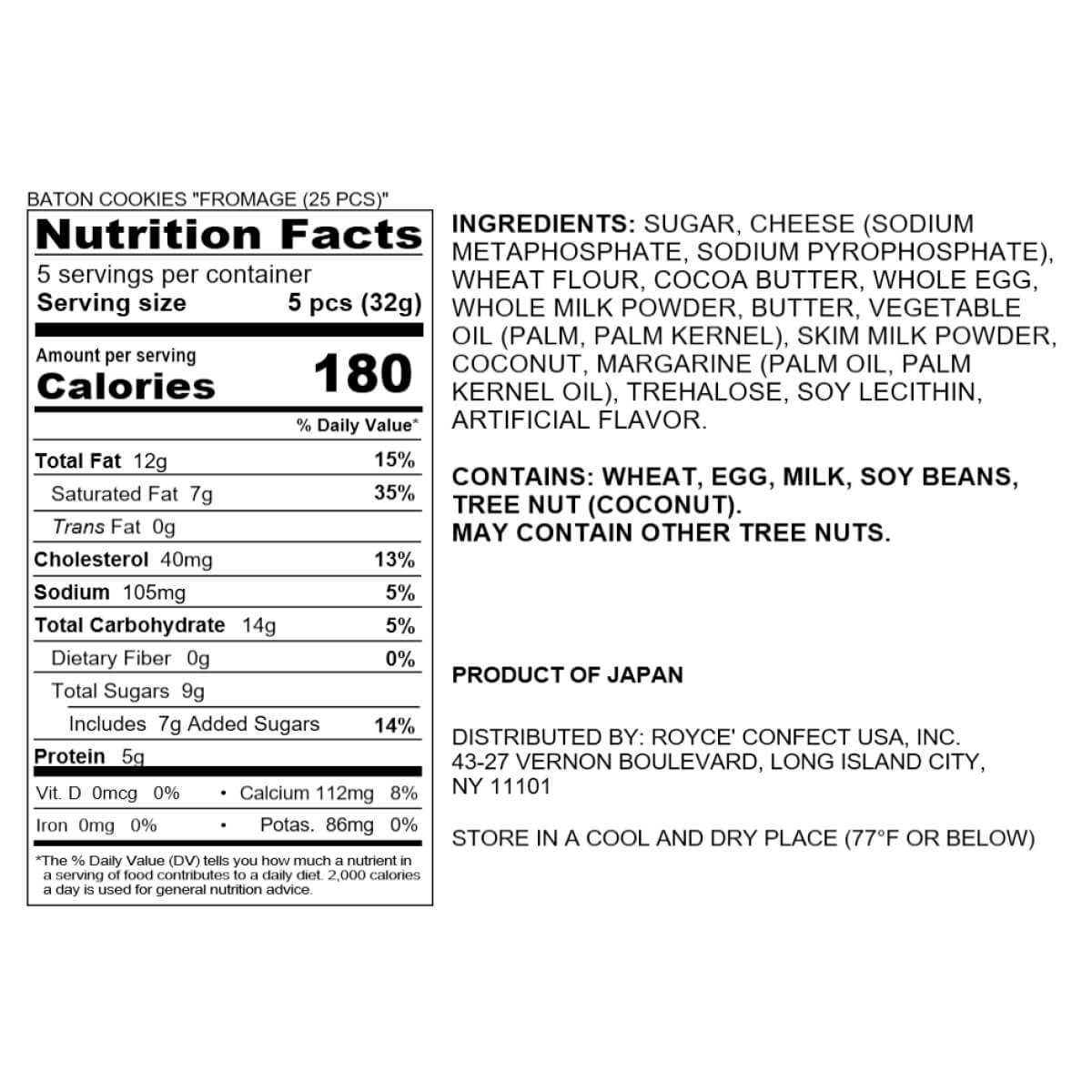 ROYCE' Chocolate - Baton Cookies "Fromage (25 Pcs)" - Nutrition Facts