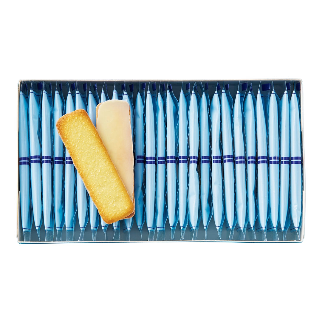 Baton Cookies Fromage featuring individually-wrapped cookies with blue wrapping. Also seen in the image are cookies coated with white chocolate.