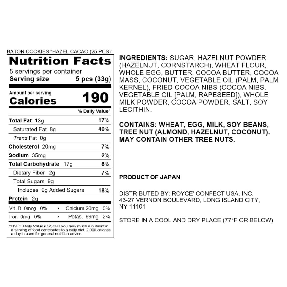 ROYCE' Chocolate - Baton Cookies "Hazel Cacao" - Nutrition Facts