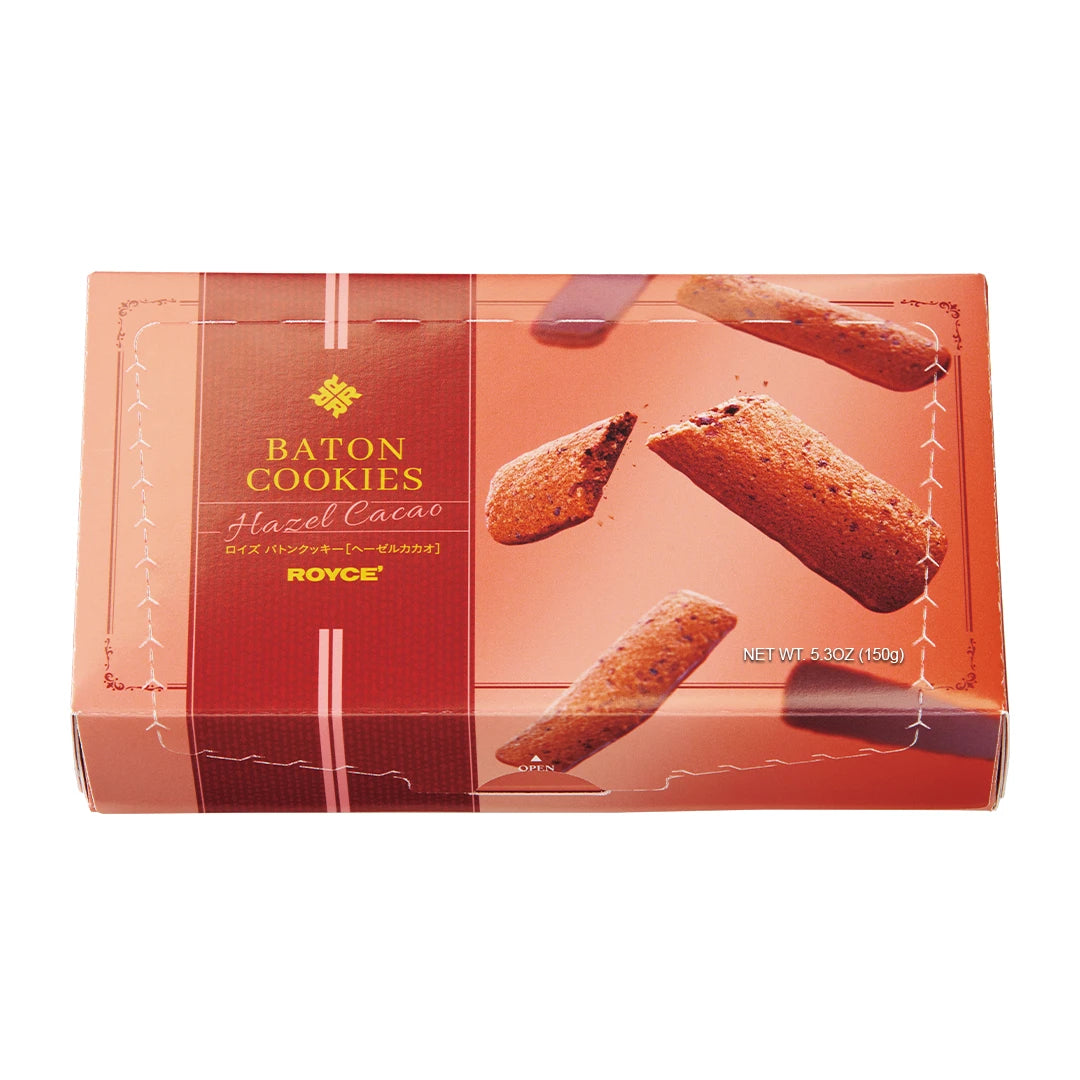 Baton Cookies Hazel Cacao featuring a red box with pictures of cookies and with text saying Baton Cookies Hazel Cacao ROYCE' Net Wt 5.3oz (150g).