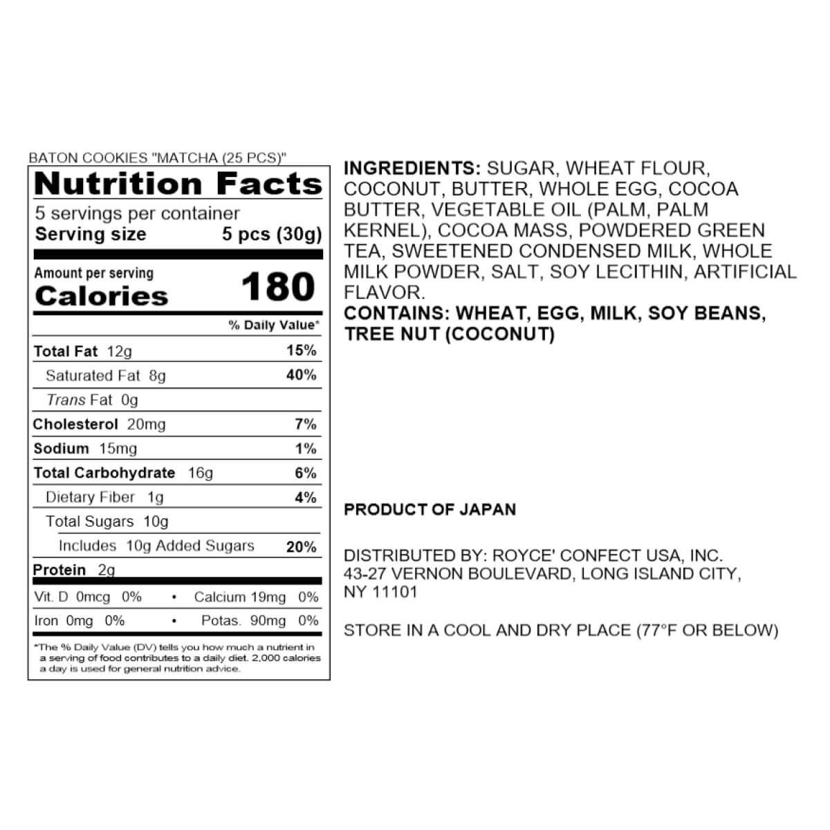 ROYCE' Chocolate - Baton Cookies "Matcha (25 Pcs)" - Nutrition Facts