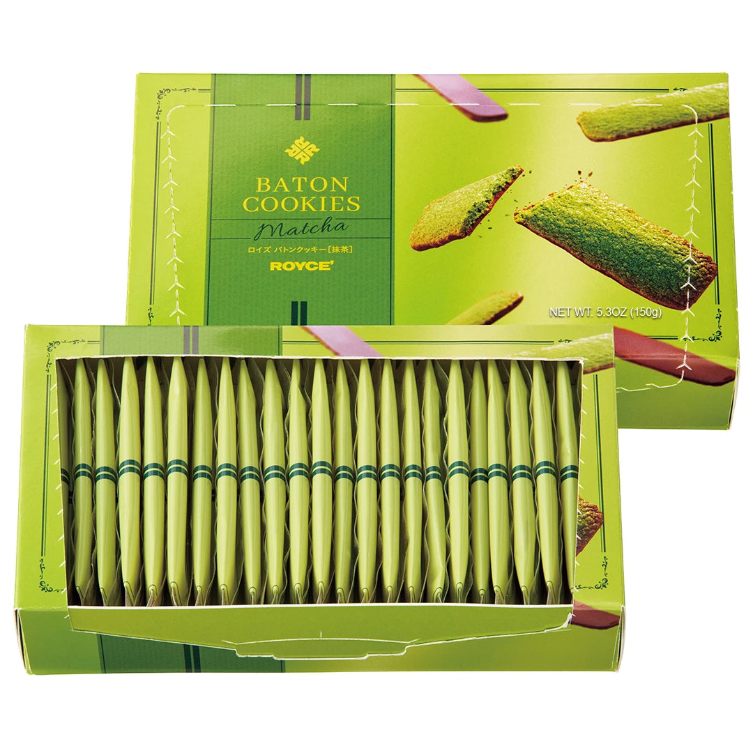 Baton Cookies Matcha featuring a green box with pictures of cookies and with text saying Baton Cookies Matcha ROYCE' Net Wt 5.3oz (150g). Also seen is an open box with individually-wrapped cookies with green packaging.