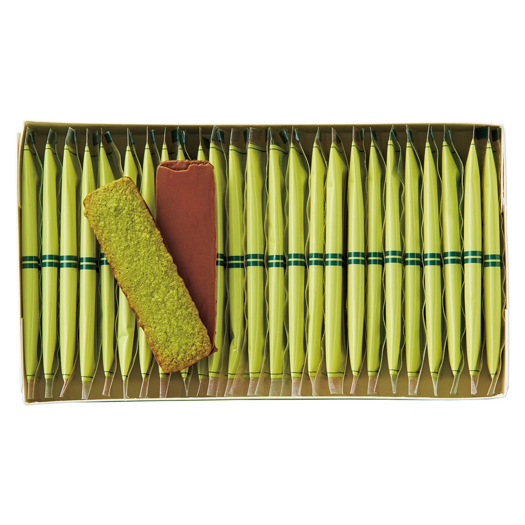 Baton Cookies Matcha image shows an open box with individually-wrapped cookies with green packaging and cookies coated with milk chocolate.