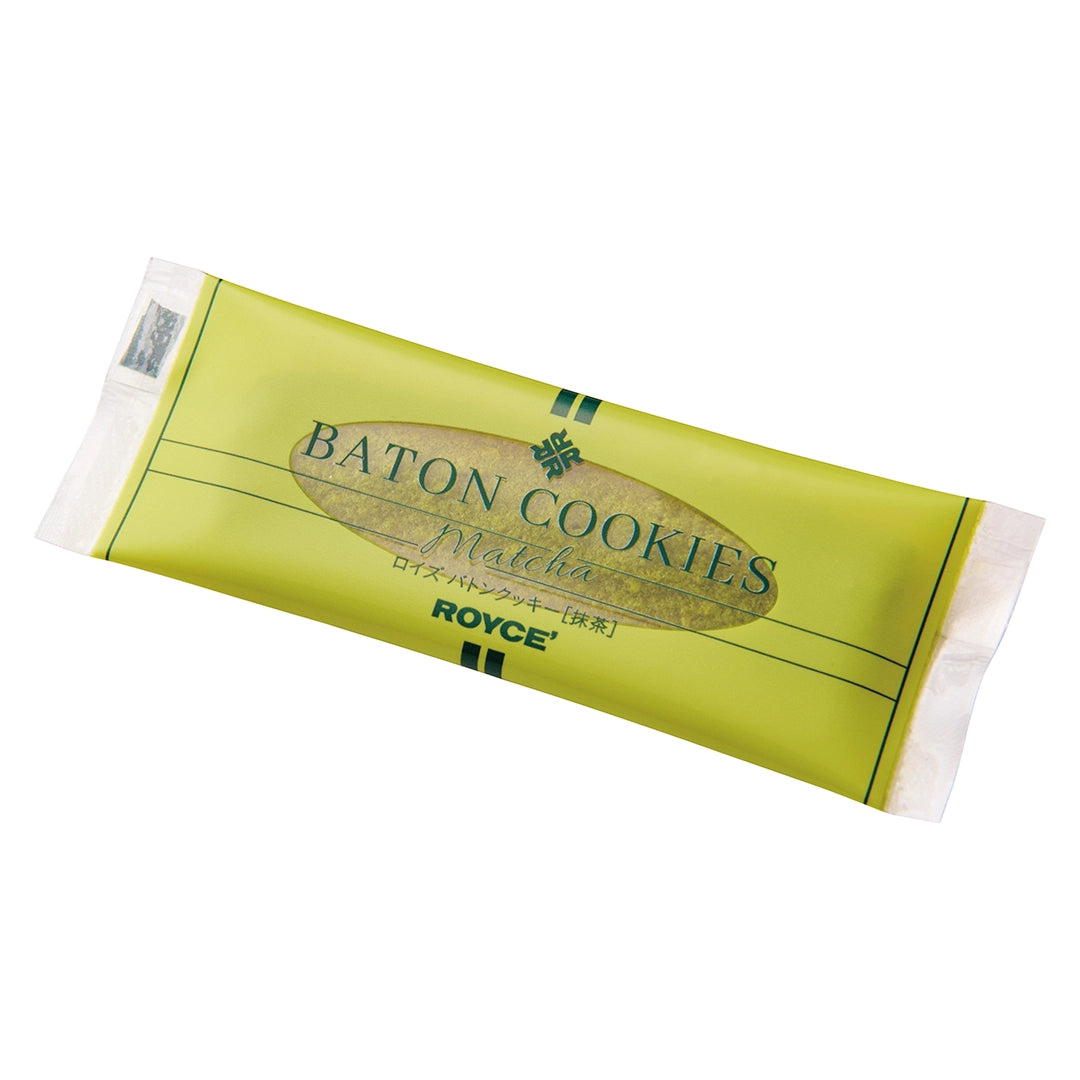 Baton Cookies Matcha featuring a cookie with green wrapping and text saying Baton Cookies Matcha ROYCE'.