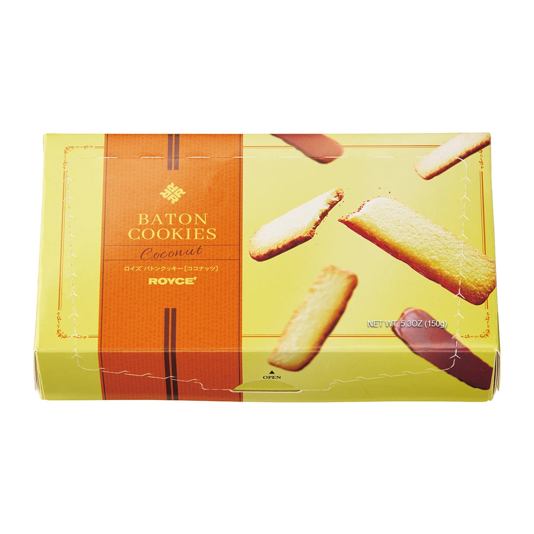 Baton Cookies Coconut featuring a yellow box with pictures of cookies and with text saying Baton Cookies Coconut ROYCE' Net Wt 5.3oz (150g).