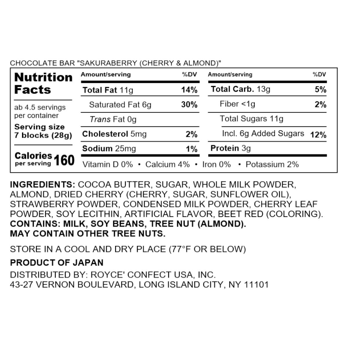 Chocolate Bar "Sakuraberry (Cherry & Almond)" - Nutrition Facts 2026