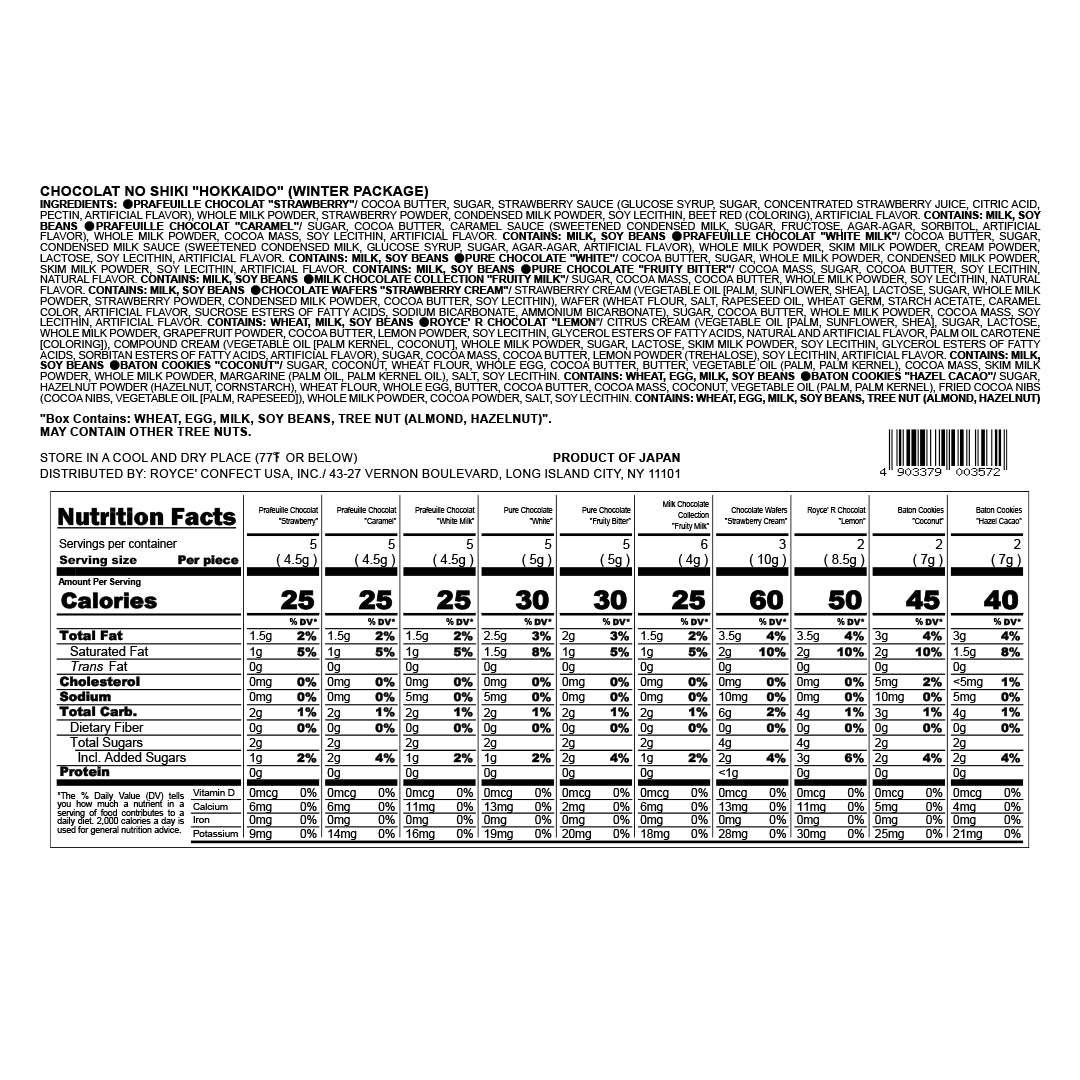 Chocolat No Shiki Hokkaido (Winter Package) ingredient and nutrition label, detailing flavors, allergens, distributor info, and nutritional values per piece. Winter-themed limited-edition gift set.