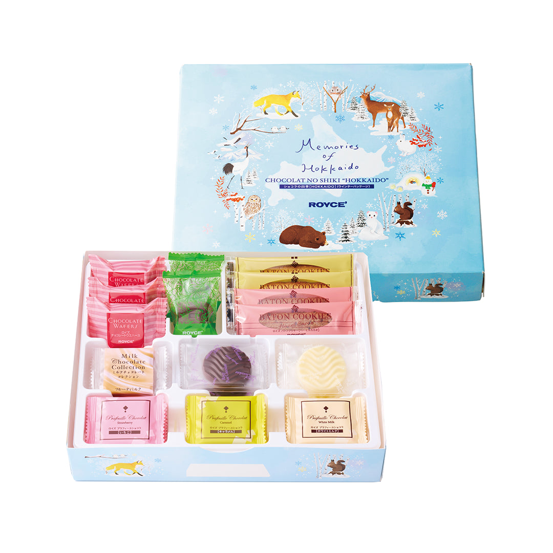 Chocolat No Shiki Hokkaido Winter Package: Pale-blue box with winter animals, containing assorted chocolates and cookies, 40 pieces, exclusive to select US boutiques.