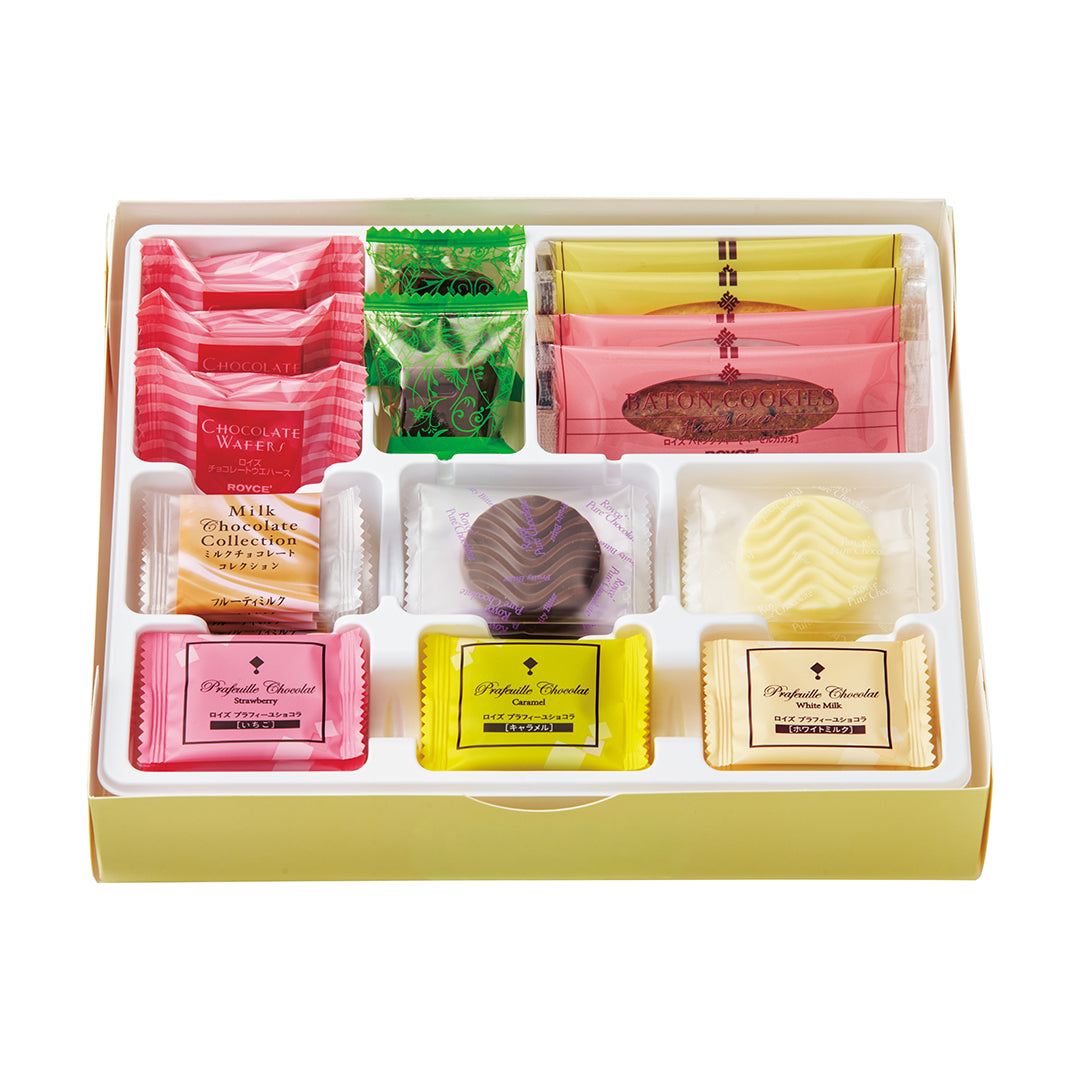 Chocolat No Shiki Hokkaido gift box with assorted ROYCE' chocolates and cookies, including hazelnut, almond, and strawberry flavors, elegantly wrapped for a taste of Japan.