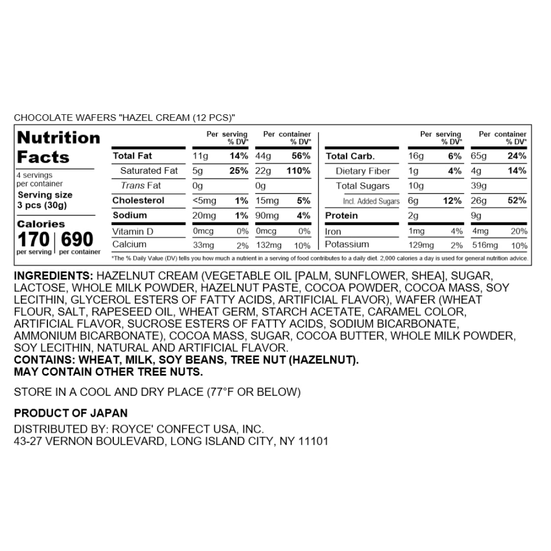 Chocolate Wafers Hazel Cream (12 pcs) nutrition label: 170 calories per serving; ingredients include hazelnut cream, wafers, allergens: wheat, milk, soy, tree nuts.