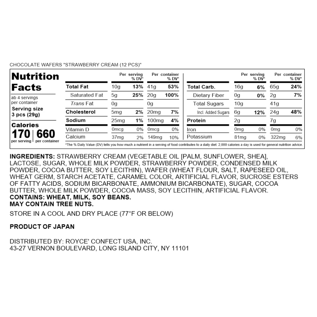 Back-of-package label for Chocolate Wafers Strawberry Cream (12 pcs), detailing nutrition, ingredients, allergens, and storage instructions, emphasizing strawberry cream-filled, milk chocolate-coated wafers.