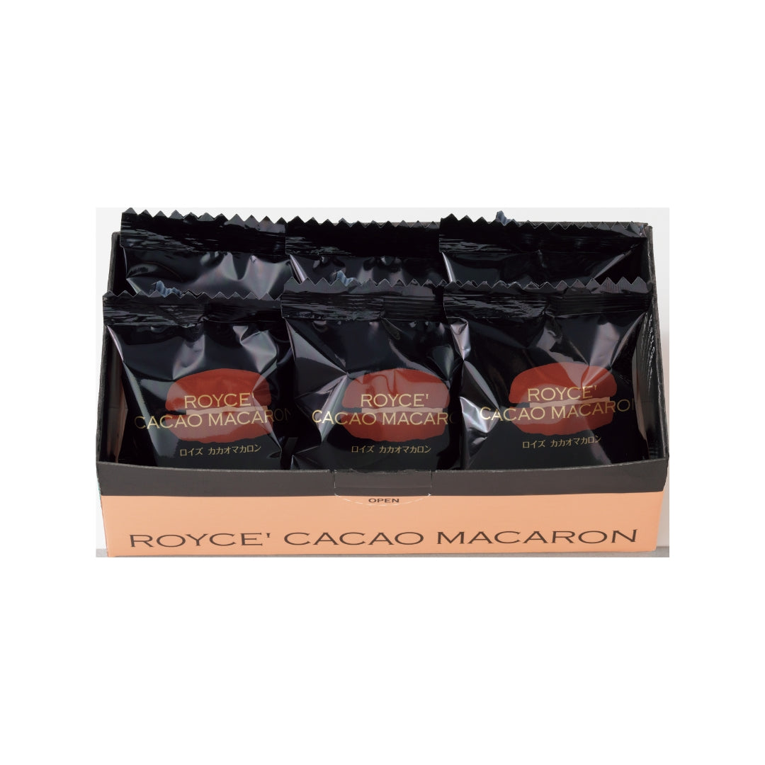 Cacao Macaron (6 Pcs) - Image shows an open box with individually-wrapped macarons. Text says ROYCE' Cacao Macaron.