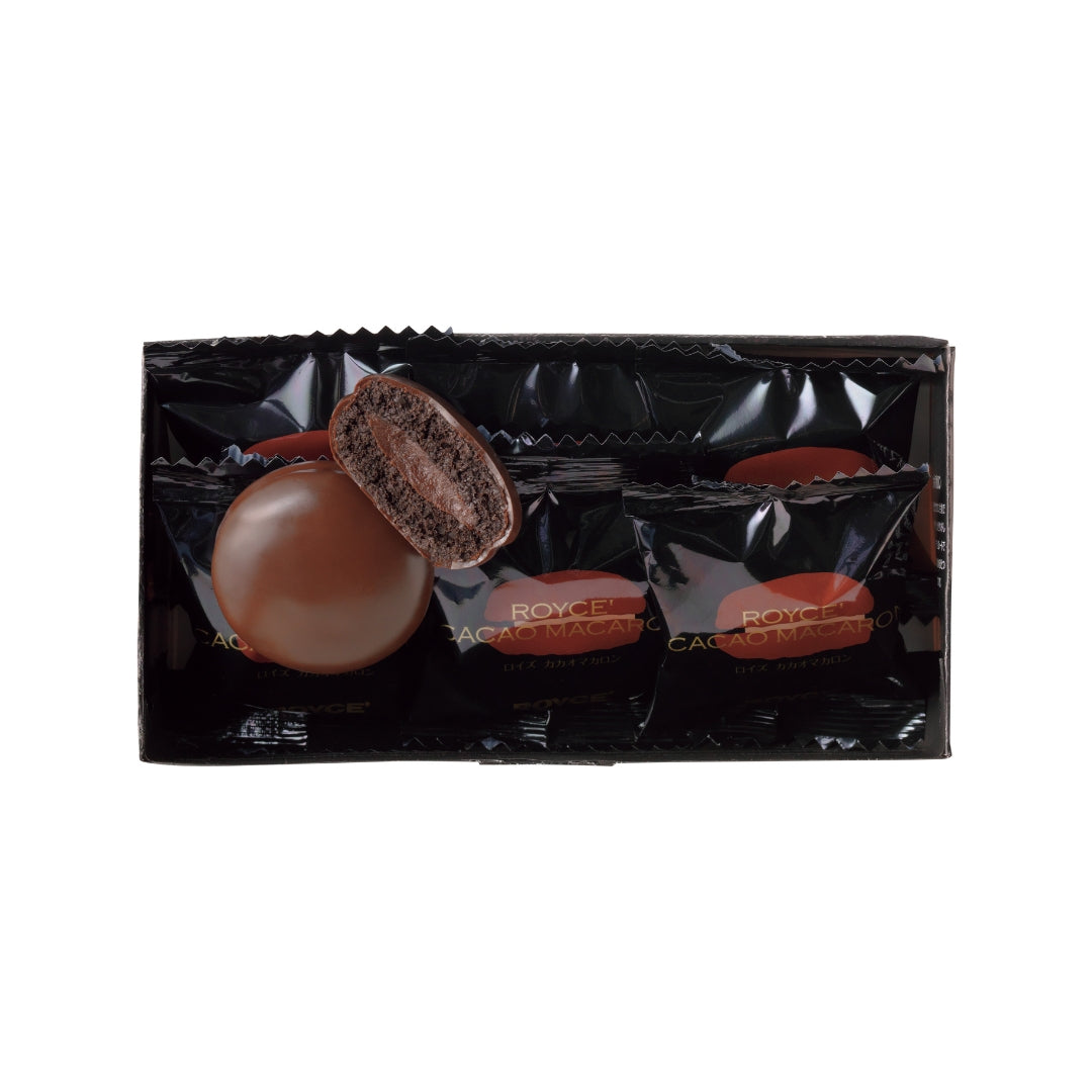 Cacao Macaron (6 Pcs) - Image shows an open box with individually-wrapped macarons. Accents include chocolate-coated macarons.