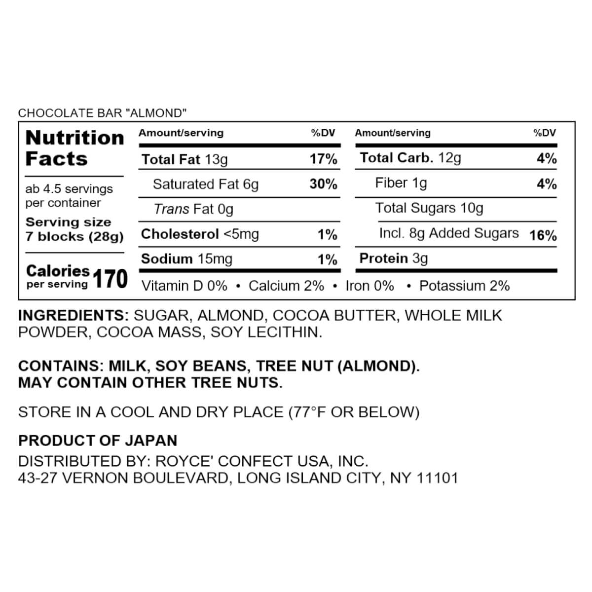 ROYCE' Chocolate - Chocolate Bar "Almond" - Nutrition Facts