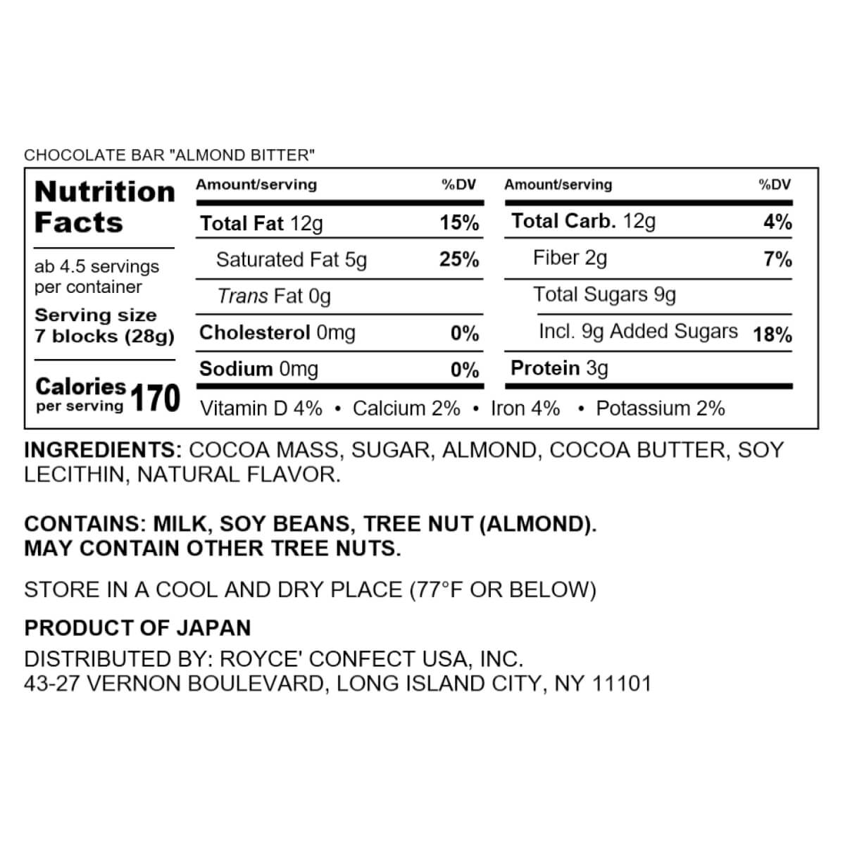 ROYCE' Chocolate - ROYCE' Bar Collection - Chocolate Bar "Almond Bitter" - Nutrition Facts