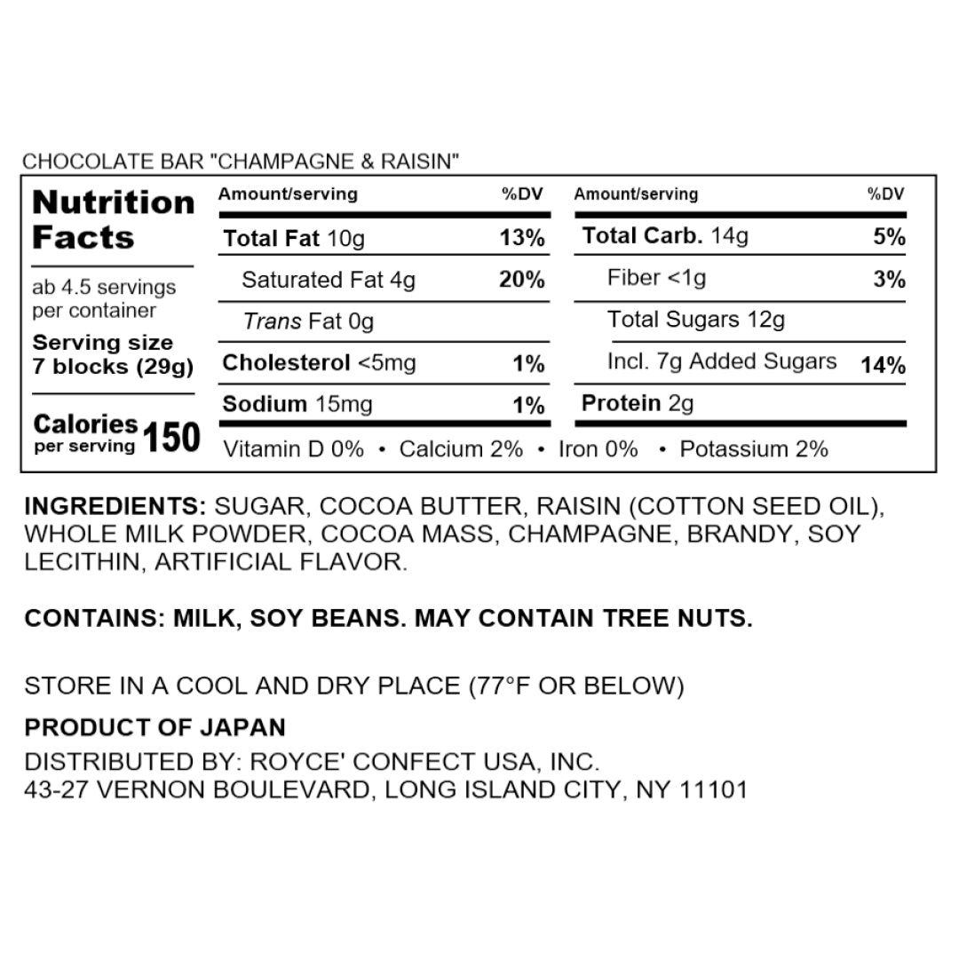 Chocolate Bar "Champagne & Raisin" - Nutrition Facts 2023