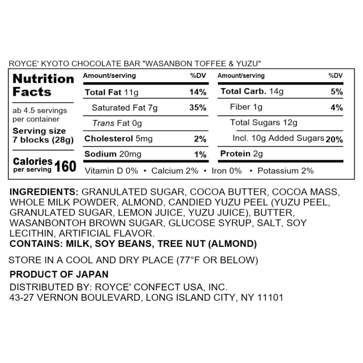 ROYCE' Kyoto Chocolate Bar "Wasanbon Toffee & Yuzu" - Nutrition Facts