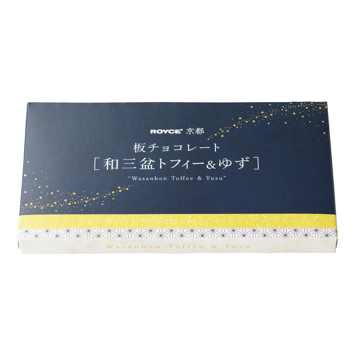 ROYCE' Kyoto Chocolate Bar "Wasanbon Toffee & Yuzu" - Image shows a printed box in the colors of blue, yellow, and white. Text says ROYCE' "Wasanbon Toffee & Yuzu".