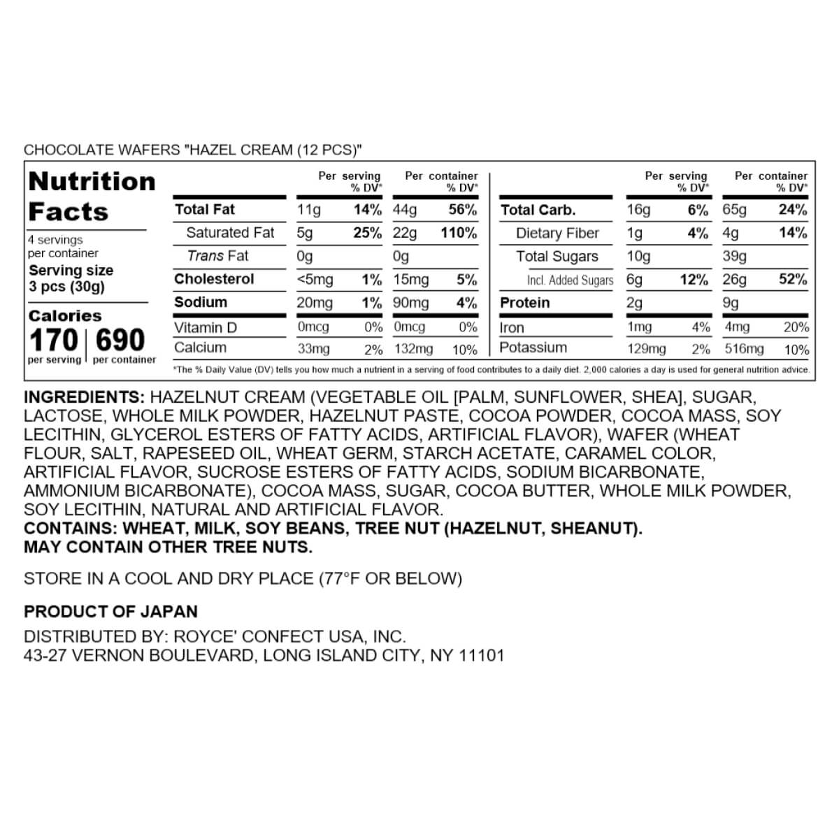 ROYCE' Chocolate - Chocolate Wafers "Hazel Cream" - Nutrition Facts