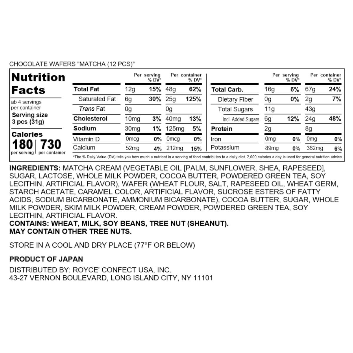 ROYCE' Chocolate - Chocolate Wafers "Matcha" - Nutrition Facts