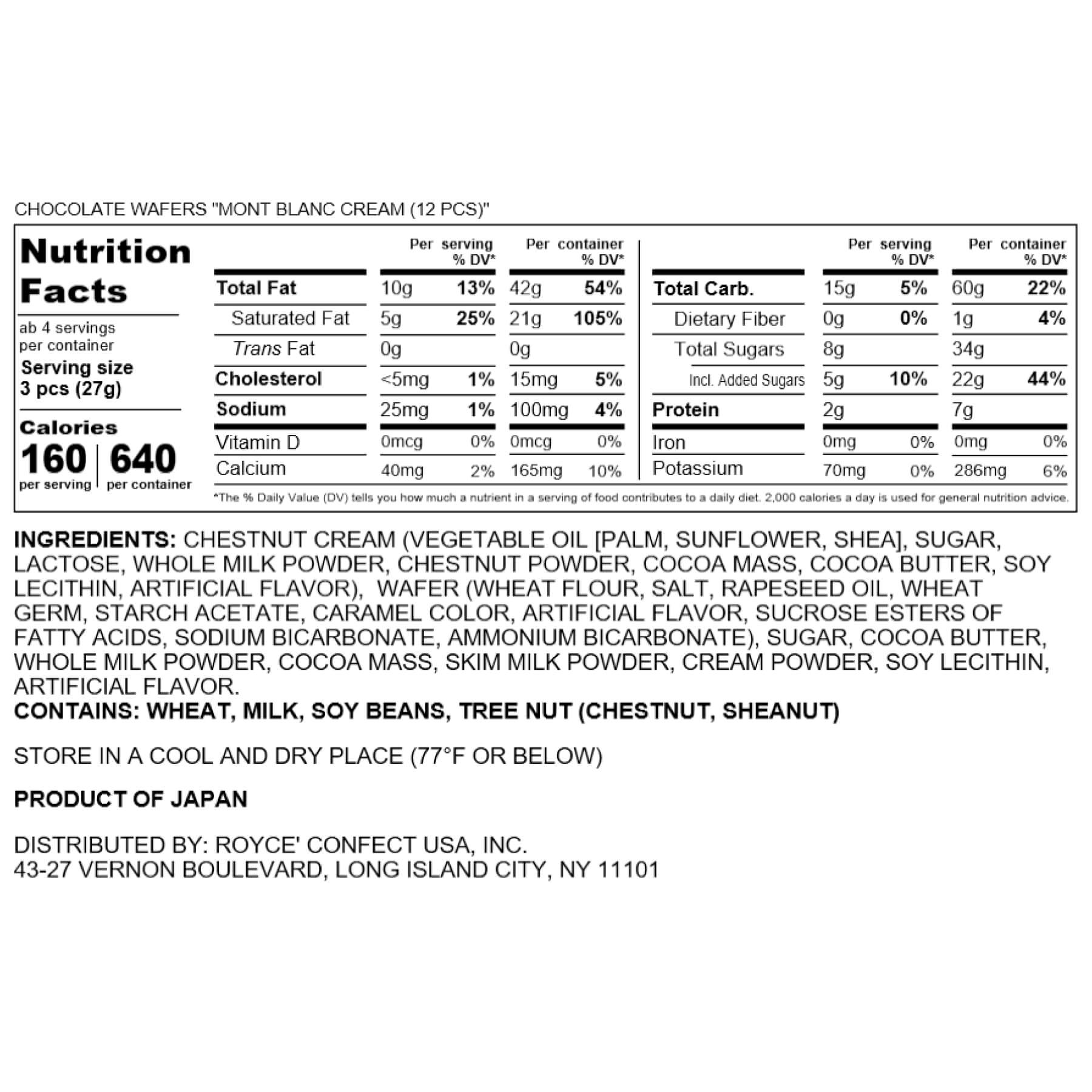 ROYCE' Chocolate - Chocolate Wafers "Mont Blanc Cream (12 Pcs)" - Nutrition Facts