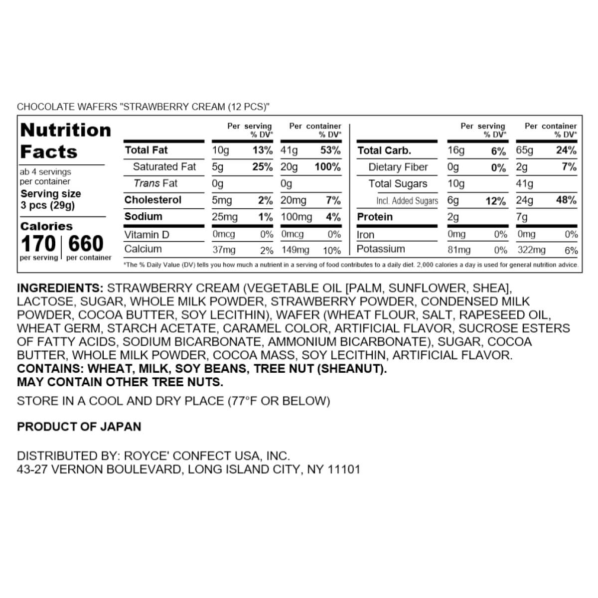 ROYCE' Chocolate - ROYCE' Luxe Collection - Chocolate Wafers "Strawberry Cream (12 Pcs)" - Nutrition Facts