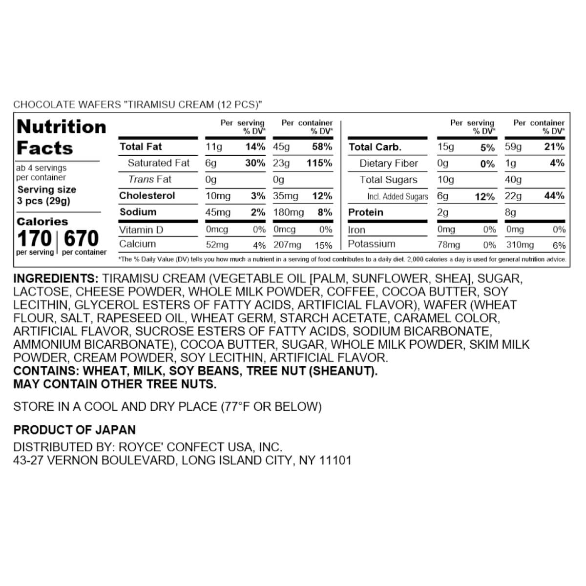 ROYCE' Chocolate - Chocolate Wafers "Tiramisu Cream" - Nutrition Facts